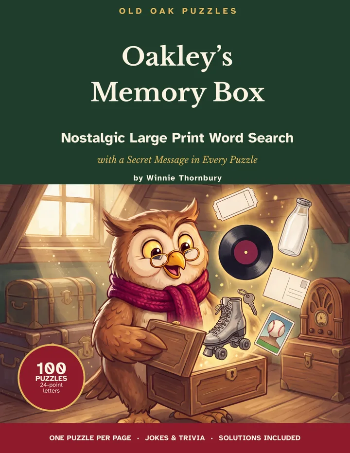 Cover of Oakley's Memory Box: Oakley the Owl opening a wooden box full of keepsakes like a movie ticket, a record and a milk bottle.