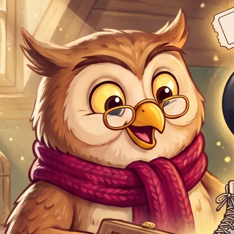 Oakley the Owl, a friendly brown owl with round glasses and a red scarf, smiling.