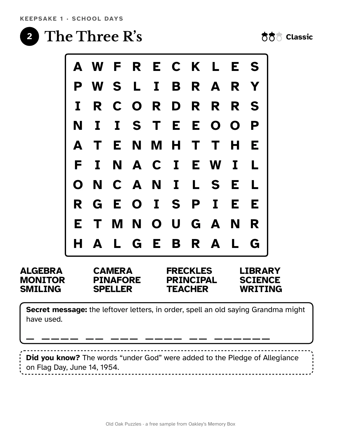 A large print word search puzzle called The Three R's: a ten by ten grid of big, bold letters, a list of twelve words to find, and a box for the secret message.